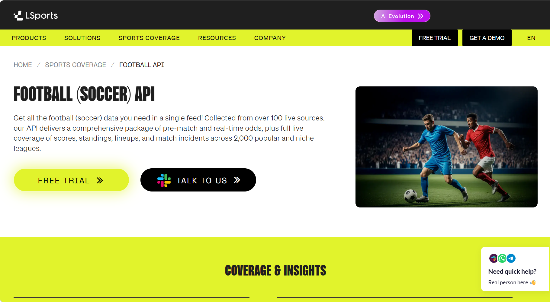 LSports Football (Soccer) API product page highlighting live odds, scores, and match data from over 2,000 leagues.