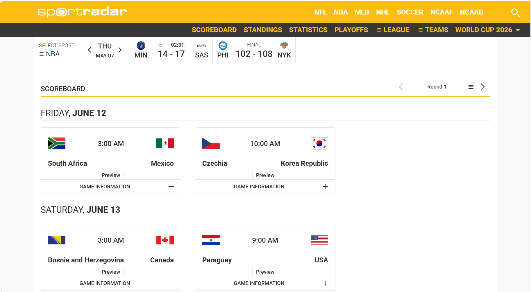 Sportradar dashboard showing the 2026 World Cup Round 1 match schedule.
