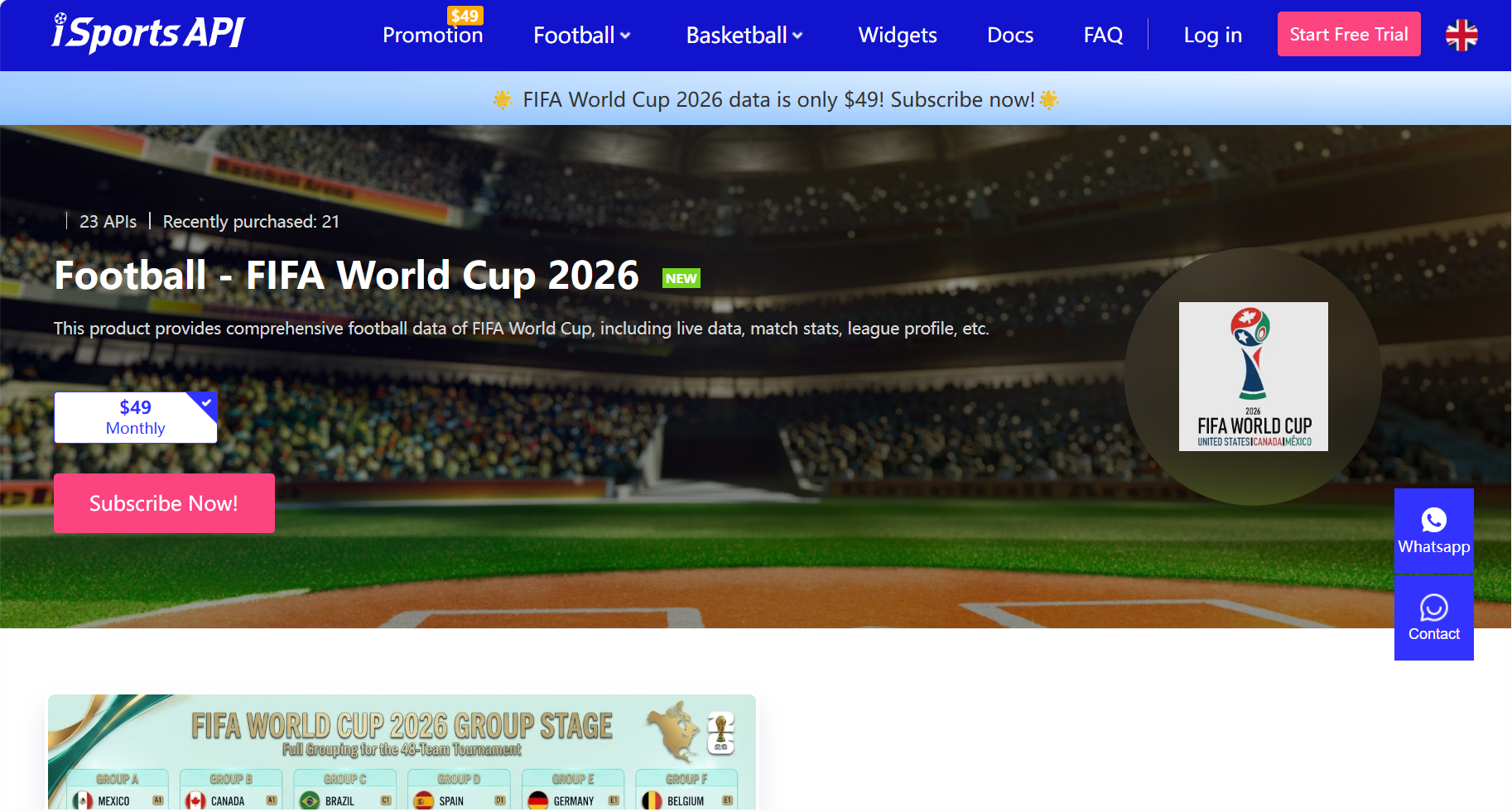 iSports API football product page for FIFA World Cup 2026 with pricing and group stage information