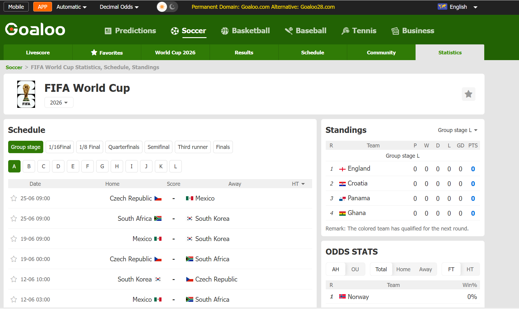 FIFA World Cup 2026 live score schedule and standings interface showing real-time match data