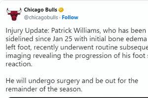 Injury Report: Bulls Forward Patrick Williams Set To Undergo Season-Ending Surgery On His Left Foot
