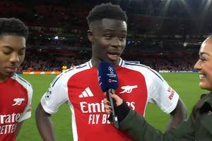 Saka denied a first Arsenal hat trick by his own teammate in Champions League win